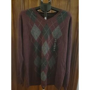 NWT Apt 9 Sweater Mens XXLT‎ Big & Tall V Neck Pullover Argyle Burgundy Gray